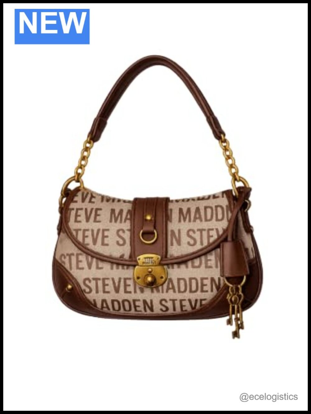 Faux Leather Logo Print Shoulder Bag with Chain Strap